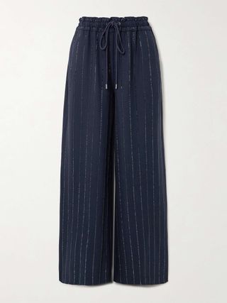 Crystal-Embellished Pinstriped Wide-Leg Crepe Pants