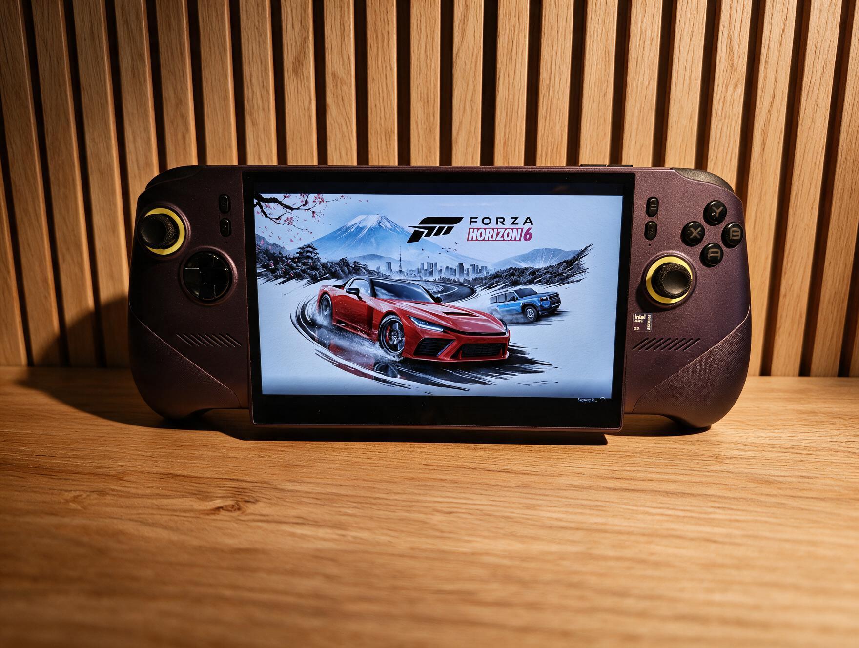 MSI Claw 8 EX AI+ &amp;ndash; a purple gaming handheld with a large screen shows a handheld console displaying a red racing car