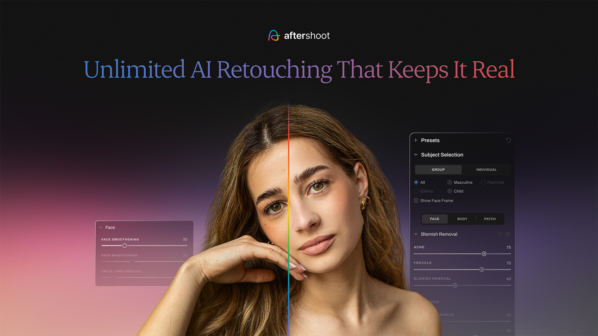 Aftershoot screenshot of portrait demonstrating the software&#039;s new AI Retouching tools 