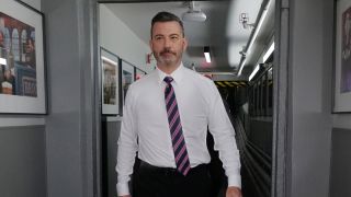 Jimmy Kimmel walking through the doorway on Jimmy Kimmel Live like he's in Office Space or something.