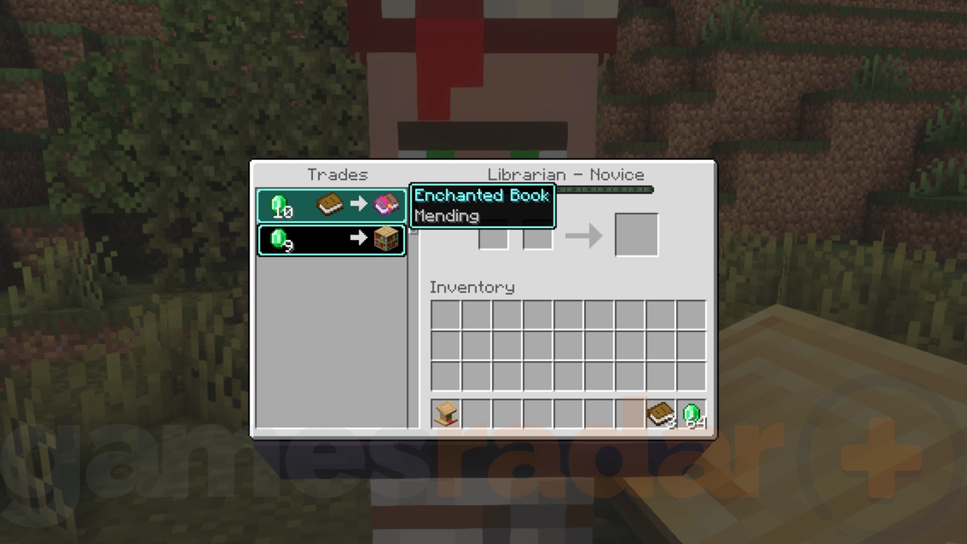 A Mending trade with a rare Minecraft swamp librarian villager.