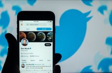 Elon Musk's twitter account is seen displayed on a mobile phone screen with a twitter logo in the background.
