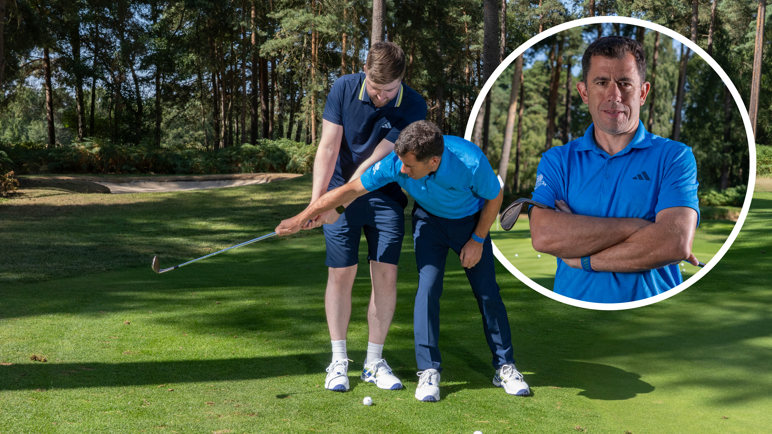 Dan Grieve teaching mid-handicapper James Henry how to take the club back on plane to improve his chipping technique, as part of a 30 minute short game clinic, with an inset image of Dan Grieve