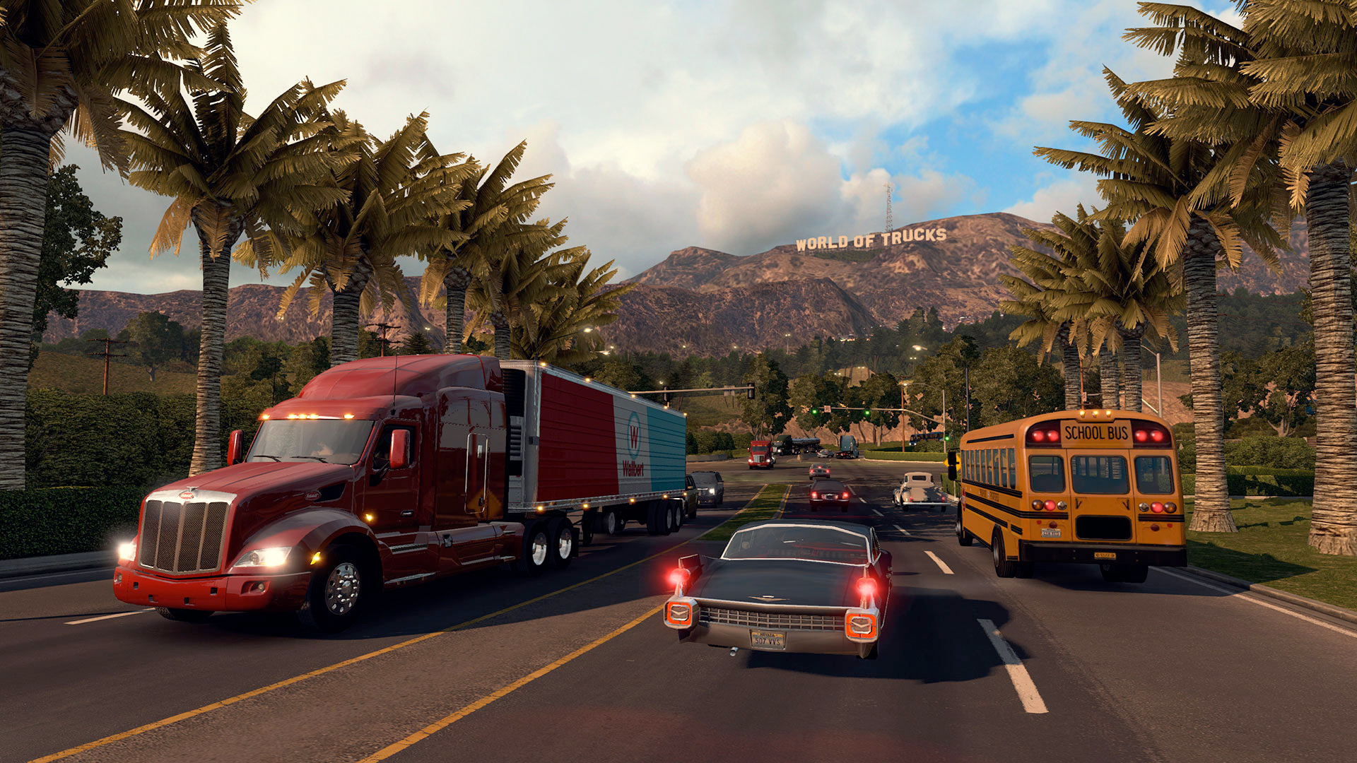 Mengemudi di jalan dengan deretan pohon palem dengan bukit-bukit yang terinspirasi Hollywood dari kejauhan di American Truck Simulator