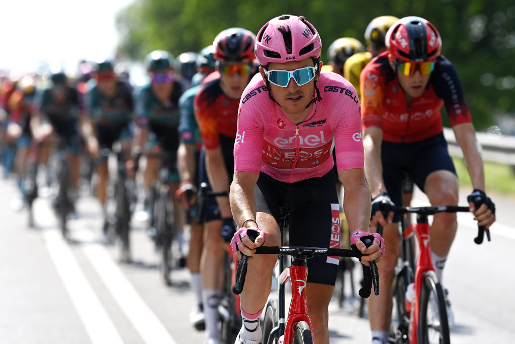 CAORLE ITALY MAY 24 Geraint Thomas of The United Kingdom and Team INEOS Grenadiers Pink Leader Jersey competes during the the 106th Giro dItalia 2023 Stage 17 a 197km stage from Pergine Valsugana to Caorle UCIWT on May 24 2023 in Caorle Italy Photo by Tim de WaeleGetty Images