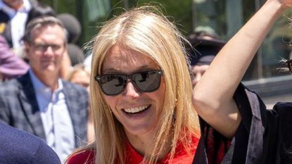 Gwyneth Paltrow wearing blue dress and red jacket on 08052026 in Nashville