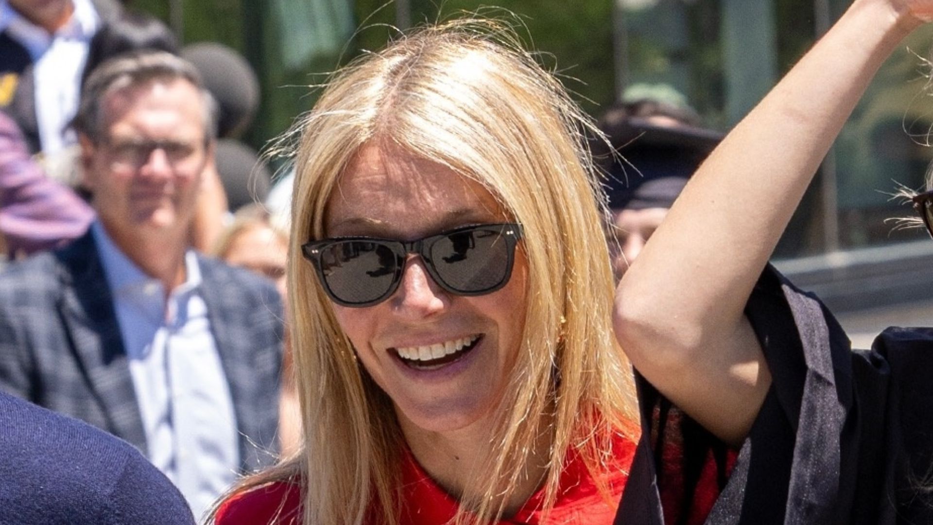 Gwyneth Paltrow wearing blue dress and red jacket on 08052026 in Nashville
