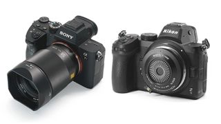 SG-image AF 55mm f/1.8 and 18mm f/6.3 Body Cap Lens on mirrorless cameras