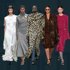 A collage of models at TWP, Fforme, altuzarra, Tory Burch shows from the fall/winter 2025 season.