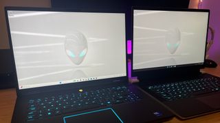 Alienware M16 R2 and Alienware X16 R2 laptop displays side by side