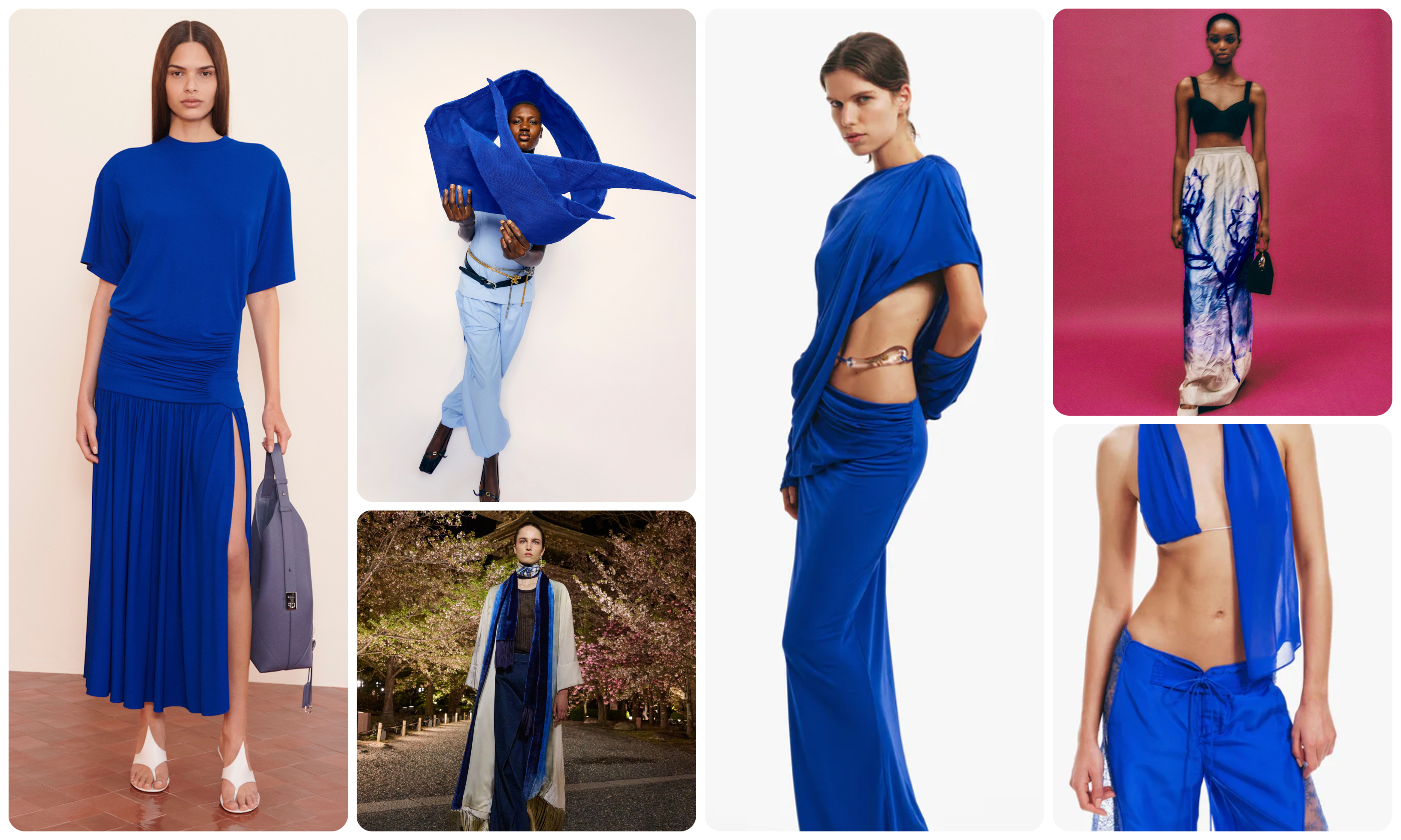 the blue summer 2025 color trend at Ferragamo, Tibi, Christian Dior, Christopher Esber, and Erdem pre-fall 2025