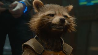 Rocket Raccoon makes a menacing face while under arrest in Guardians of the Galaxy.