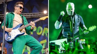 Cory Wong wears a green tracksuit and plays his blue Highway Strat. James Hetfield plays his white Flying V copy on a stage lit up in green.