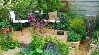 Relaxing area in garden with decking and setting among plants