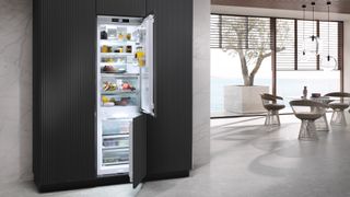 Contemporary black kitchen with integrated fridge freezer