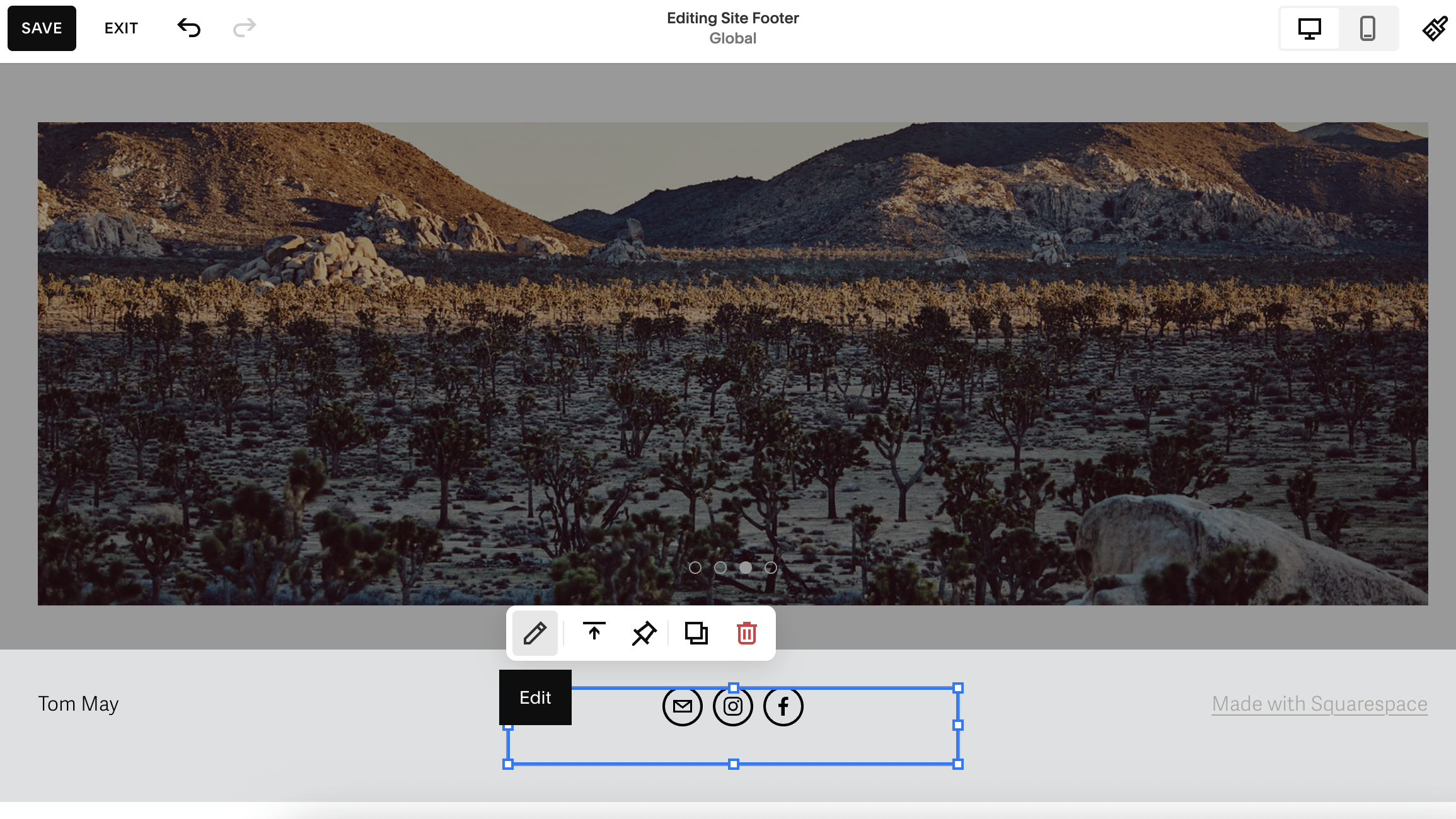 Screenshot showing links being added to social icons in Squarespace interface
