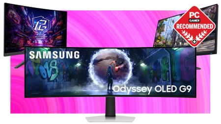  Three gaming monitors, the ASRock Phantom Gaming, Samsung Odyssey OLED G9, and Alienware, on a pink background.