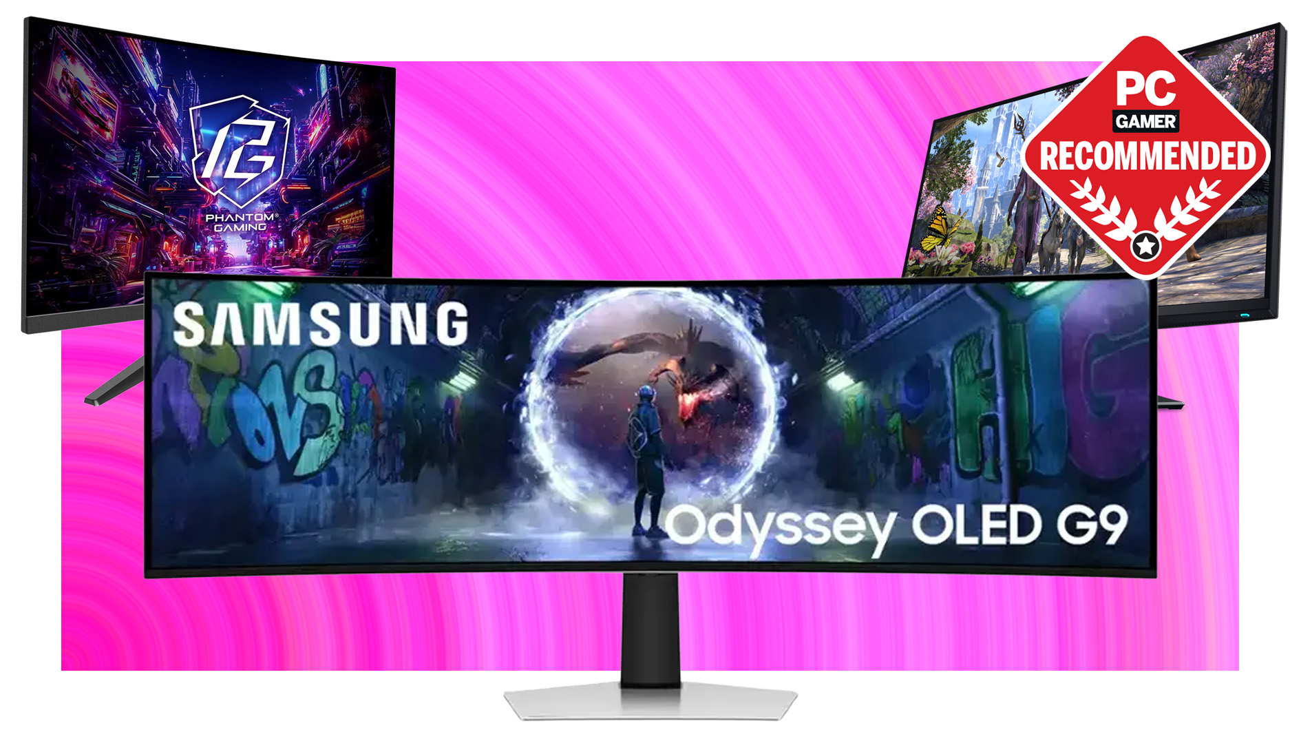  Three gaming monitors, the ASRock Phantom Gaming, Samsung Odyssey OLED G9, and Alienware, on a pink background.