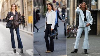 Three women wearing bootcut jeans and boots standing on the street