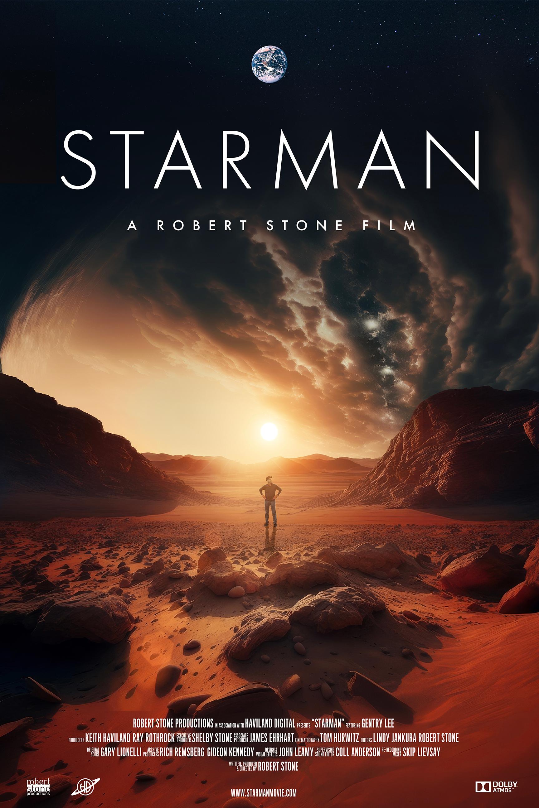 a movie poster showing a man standing on a rocky Martian landscape