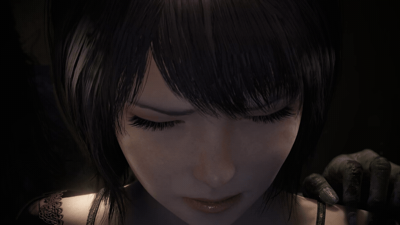 A short FATAL FRAME II: Crimson Butterfly REMAKE gif showing protagonist Mio encountering a ghost.