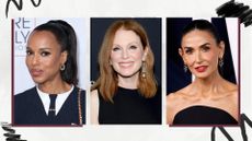 Collage of Kerry Washington, Julianne Moore and Demi Moore wearing winged eyeliner, on a white background with swatches of black eyeliner