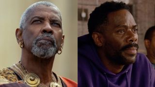 Denzel Washington looking up in Gladiator II/Colman Domingo looking on in Sing Sing