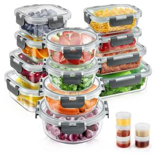 34pcs Glass Food Storage Containers with Lids Set, Airtight Meal Prep Containers (17 Containers & 17 Lids), Grey