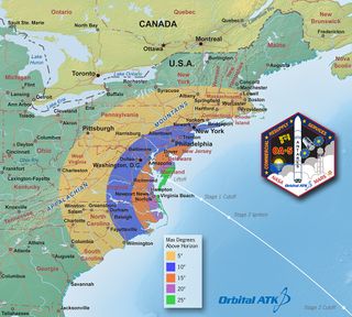 This Orbital ATK map shows the maximum elevation (degrees above the horizon) that the Antares rocket will reach during its first stage burn. The maximum elevation depends on your location; the further away you are from the launch site, the closer to the horizon the rocket will be.