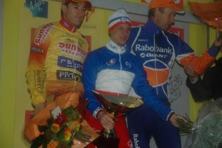 Elite men's podium (l-r): Martin Zl&aacute;mal&iacute;k (Sunweb - Revor), 2nd; Francis Mourey (FDJ), 1st; Gerben De Knegt (Rabobank - Giant Off Road Team), 3rd
