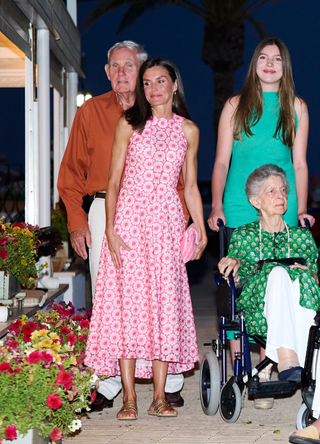 Jean Henri Fruchaud, Queen Letizia of Spain, Princess Sofia, Princess Irene of Greece, Tatiana Radziwill, Crown Princess Leonor of Spain, Queen Sofia and King Felipe VI of Spain arrive at the Mia restaurant on August 04, 2024 in Palma de Mallorca, Spain