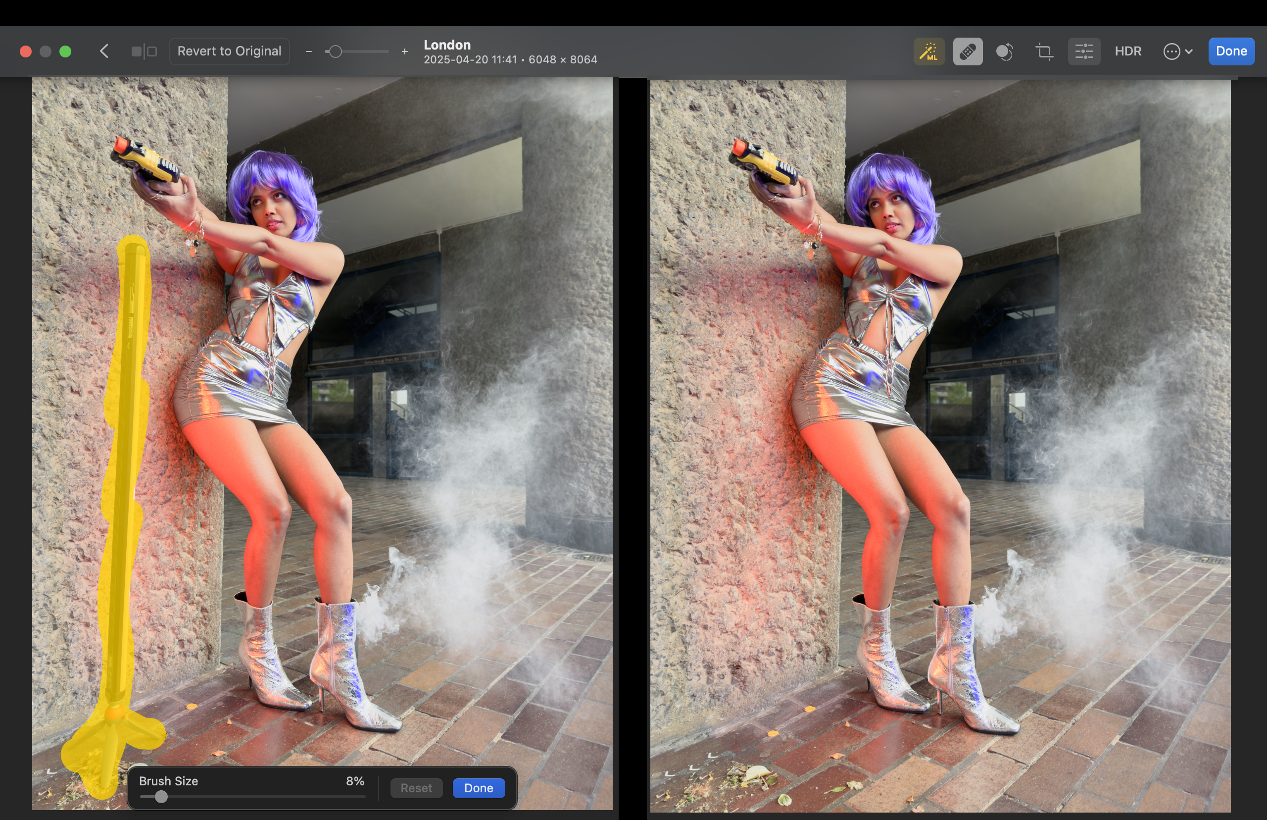 Side-by-side comparison of a model. On the left, the brush-based Repair tool has been used to spray over a light wand. On the right, we see a version of the shot where the lamp has been removed.