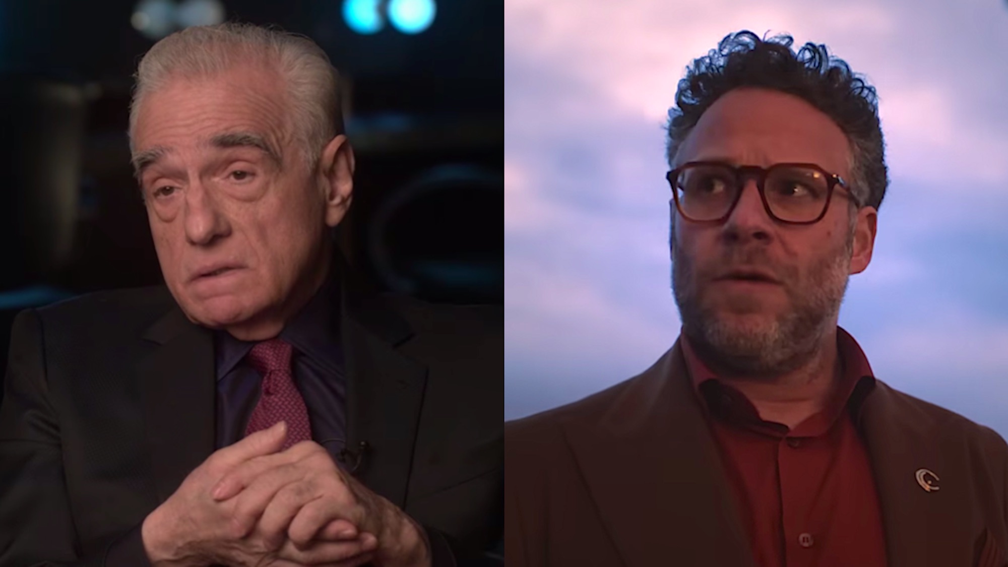 Martin Scorsese in Netflix's "The Making Of The Irishman" video/ Seth Rogen in The Studio