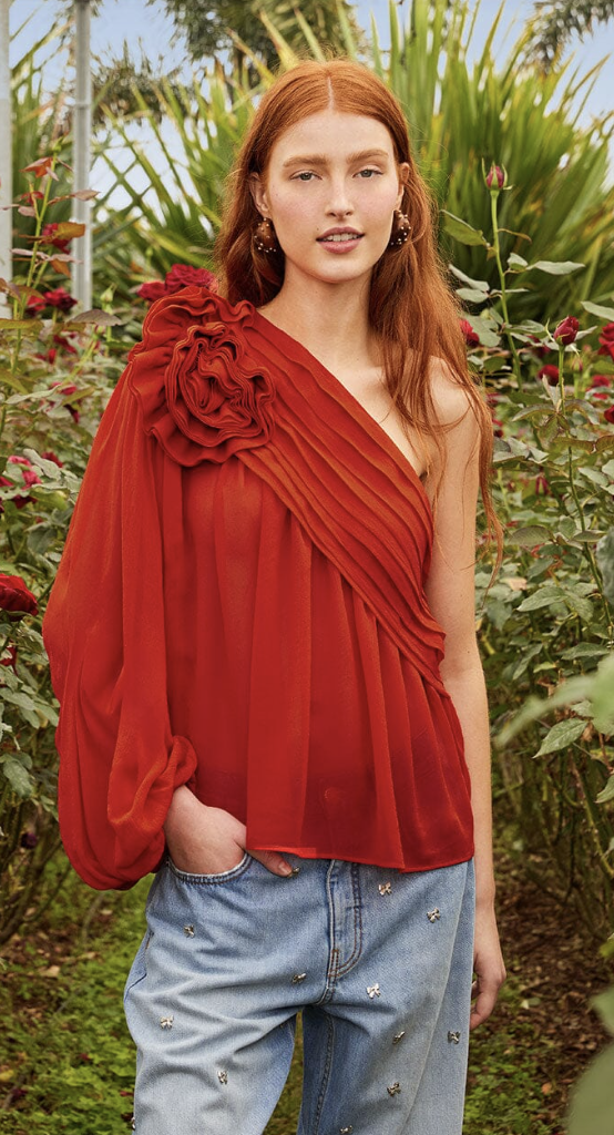 FARM RIO ACTIVE, Red Rose Puff Sleeve One-Shoulder Blouse
