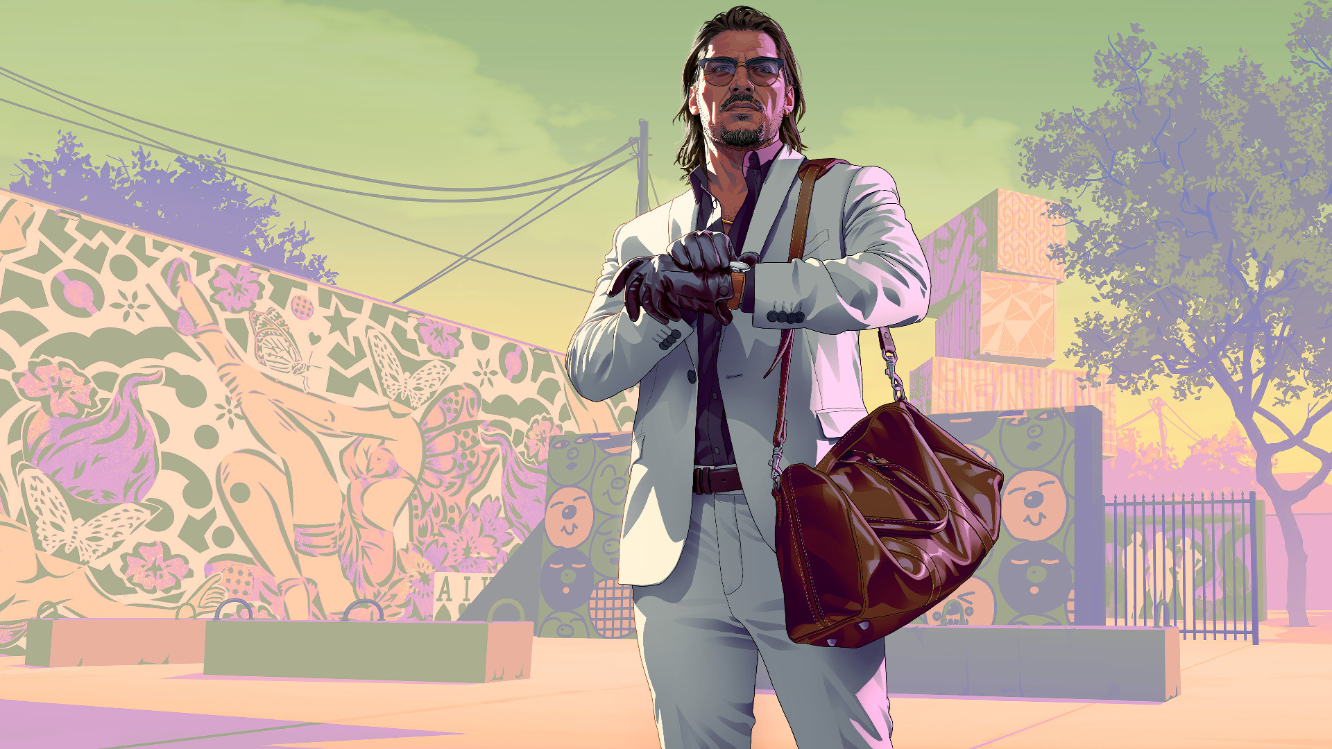 GTA 6 character art for Raul Bautista, a man wearing sunglasses and a white suit and holding a brown duffel bag over his shoulder