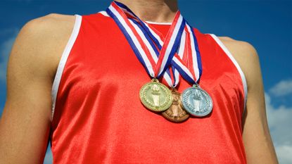 Gold, silver, and bronze medals. 