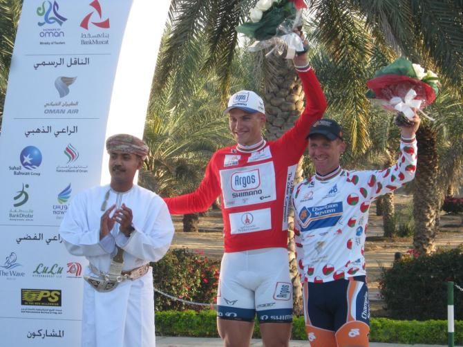 The stage one podium at the Tour of Qatar: GC leader Marcel Kittel and combativity leader Bobbie Traksel