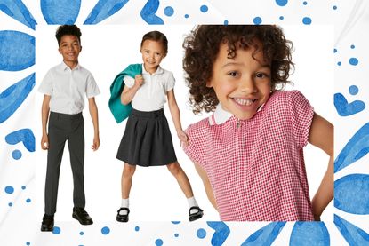 A collage of images of kids wearing items from the M&amp;S school uniform sale