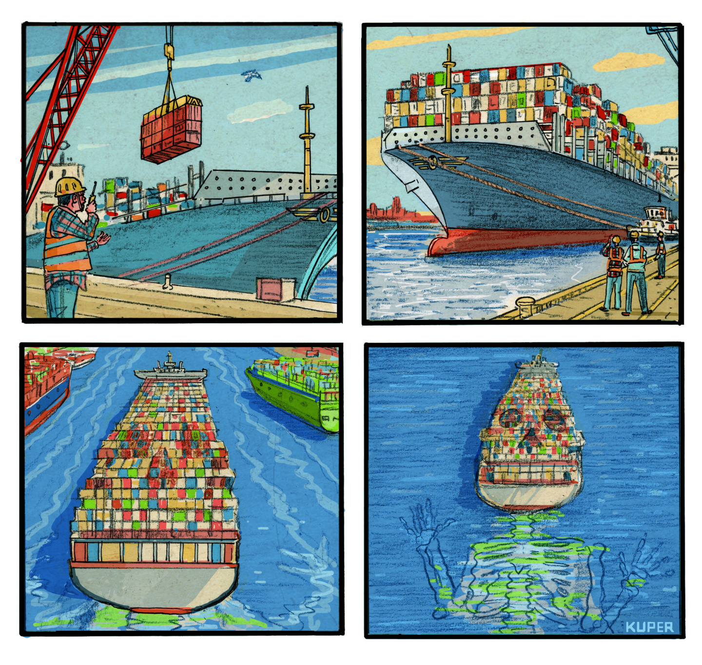 This is a four panel political cartoon set at a busy port with a commercial ship being loaded with cargo. The ship gets filled to the brim with containers and leaves the port. It is drawn in such a way that it cleverly resembles a skull atop a skeleton as it heads out to sea.