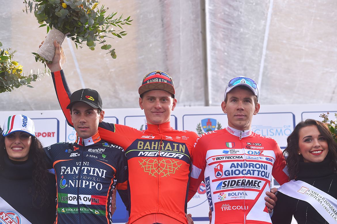 Marco Canola, Matej Mohoric and Davide Ballerini on the podium