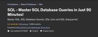 A screenshot of the Udemy website advertising the 'SQL - Master SQL Database Queries in Just 90 Minutes!' course