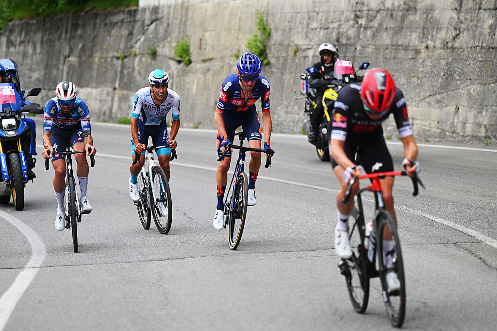 BORMIO ITALY MAY 28 LR Mattia Cattaneo of Italy and Team Soudal QuickStep Afonso Eulalio of Portugal and Team Bahrain Victorious and Romain Bardet of France and Team Picnic PostNL compete in the breakaway during the 108th Giro dItalia 2025 Stage 17 a 155km stage from San Michele allAdige to Bormio 1200m UCIWT on May 28 2025 in Bormio Italy Photo by Tim de WaeleGetty Images