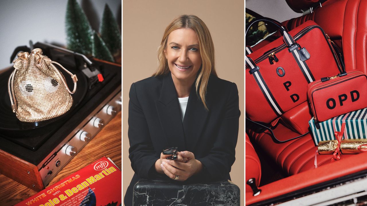 Anya Hindmarch gold bag; potrait shot of Anya Hindmarch and Anya Hindmarch red luggage on red leather car seats
