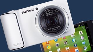 The Samsung Galaxy Camera on a blue background