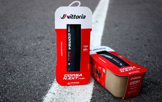 A pair of Vittoria N.EXT tyres in their packaging