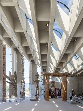 Museum of Anthropology at UBC, Vancouver, Canada showing modernist japanese inspired forms on misty day with artefacts inside