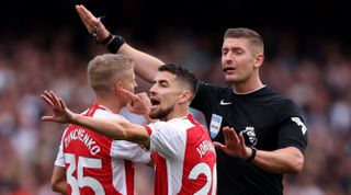 Jorginho of Arsenal appeals to the Referee Robert Jones for a penalty during the Premier League match between Arsenal FC and Tottenham Hotspur at Emirates Stadium on September 24, 2023 in London, England.