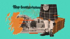 Photo composite illustration of a man wearing a kilt, map of Scotland, the Holyrood building and finance graphics