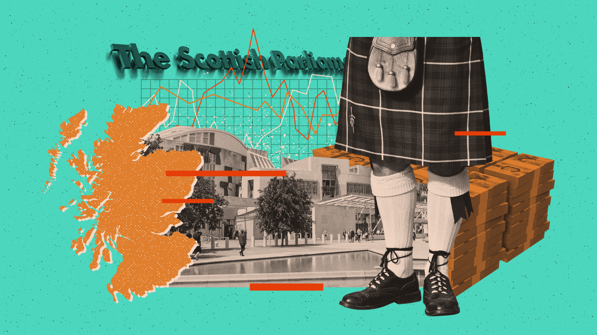 Photo composite illustration of a man wearing a kilt, map of Scotland, the Holyrood building and finance graphics