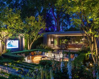 john cullen lighting surrounding seating area at Chelsea Flower Show